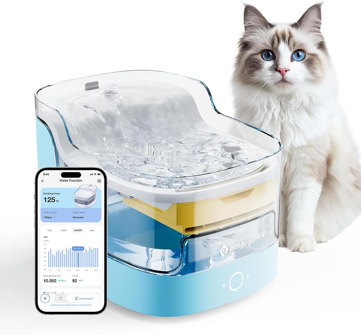 PETGUGU AI Cat Water Fountain,App Monitoring Pet Fountains for Cats Indoor with 8 Layers Cat Fountain Filters,Ultra-Quiet Wireless Pump Pet Water Fountain Transparent Water Tank