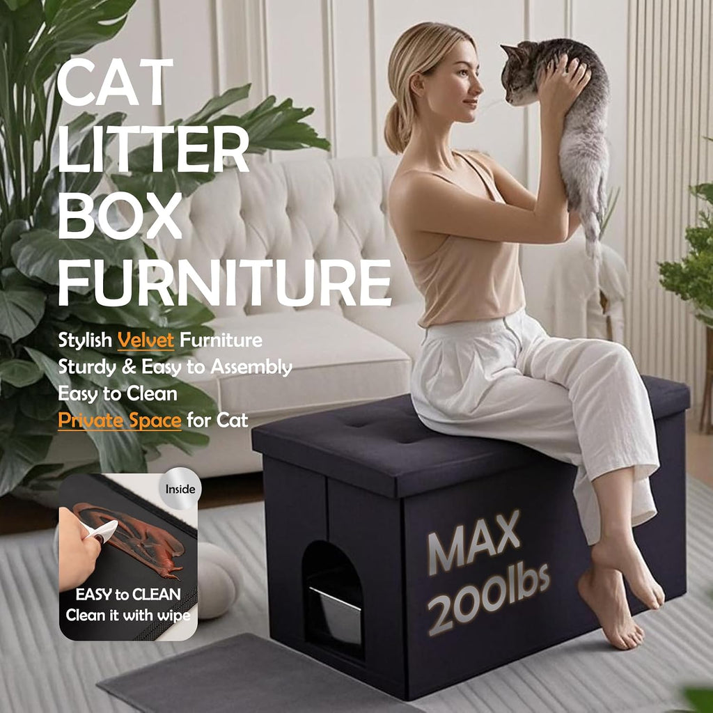 MEEXPAWS Cat Litter Box Enclosure Furniture XXL Velvet Lift Design Lid | Extra Large Hidden Cat Washroom Bench Ottoman, Storage Cabinet Dog Proof, Urine Proof, Easy Clean, Quick Assembly, Grey