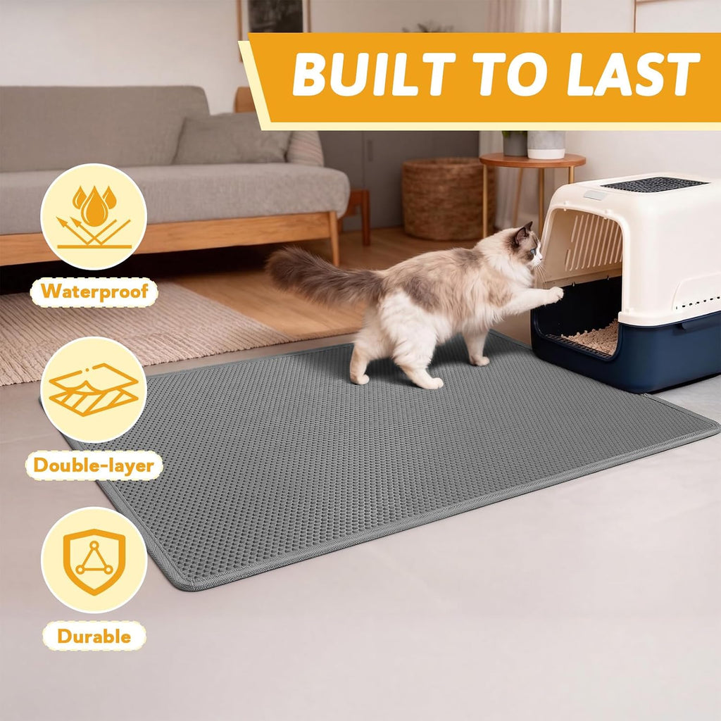 Pieviev Cat Litter Box Mat, Double-Layer Urineproof Design, 47" x 36" Gray | Honeycomb Litter Trapping Mat Captures Scattered Particles to Stop Tracking, Waterproof Base Protects Floors, Easy to Clean