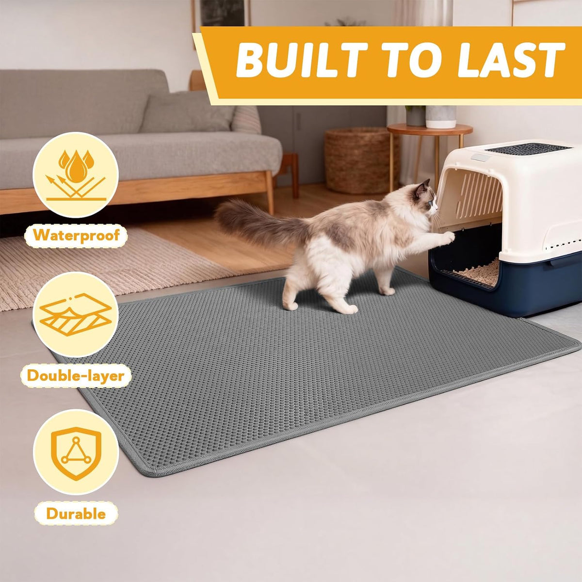 Pieviev Cat Litter Box Mat, Double-Layer Urineproof Design, 47" x 36" Gray | Honeycomb Litter Trapping Mat Captures Scattered Particles to Stop Tracking, Waterproof Base Protects Floors, Easy to Clean