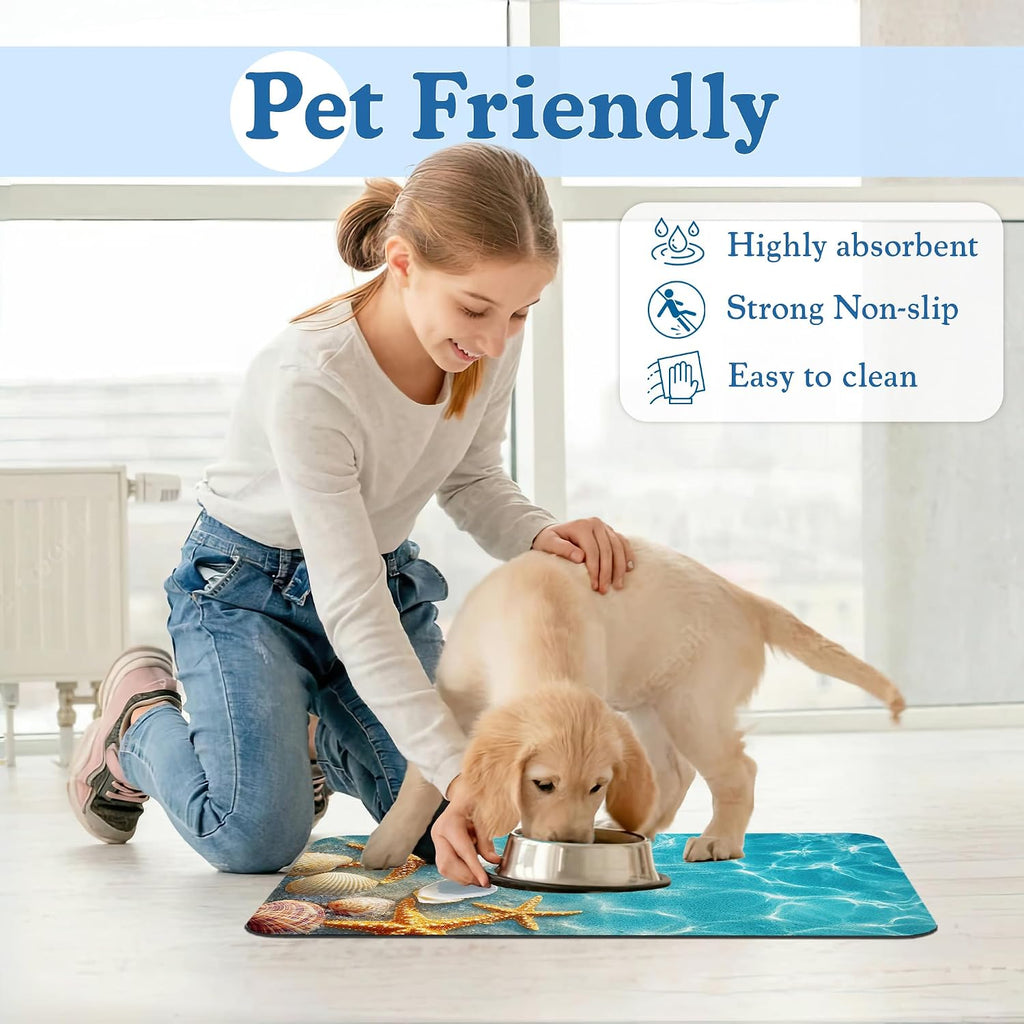 Starfish Seashell on Beach Pet Feeding Mat for Floors–Absorbent Quick Dry Dog Cat Bowl Mat for Food and Water, Non Slip Waterproof Base, Mess-Free Feeding Accessories 12"x20"