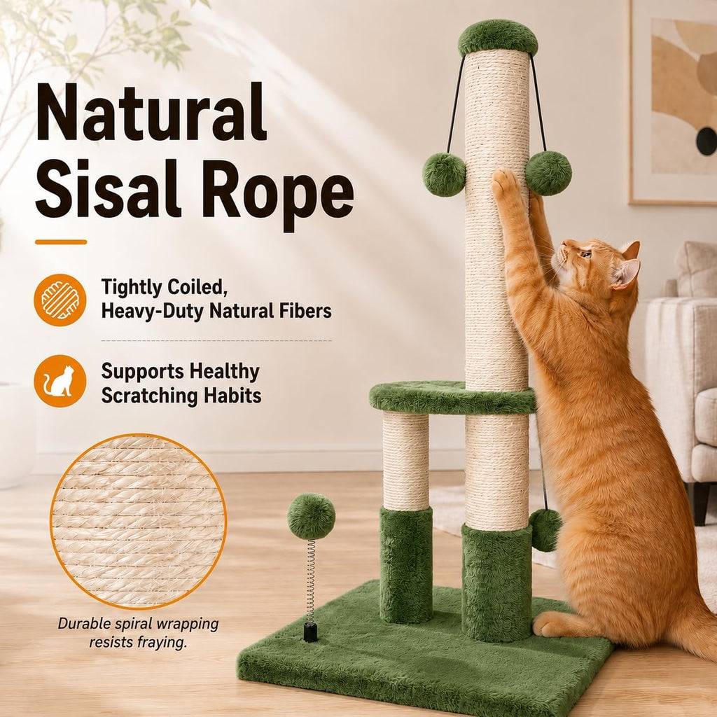 Dimaka Tall Cat Scratching Post, Double Lower Posts Extra Stable Cat Post Tree Scratcher with Sisal Rope and Teasing 4 Balls Total Large Base (Green)