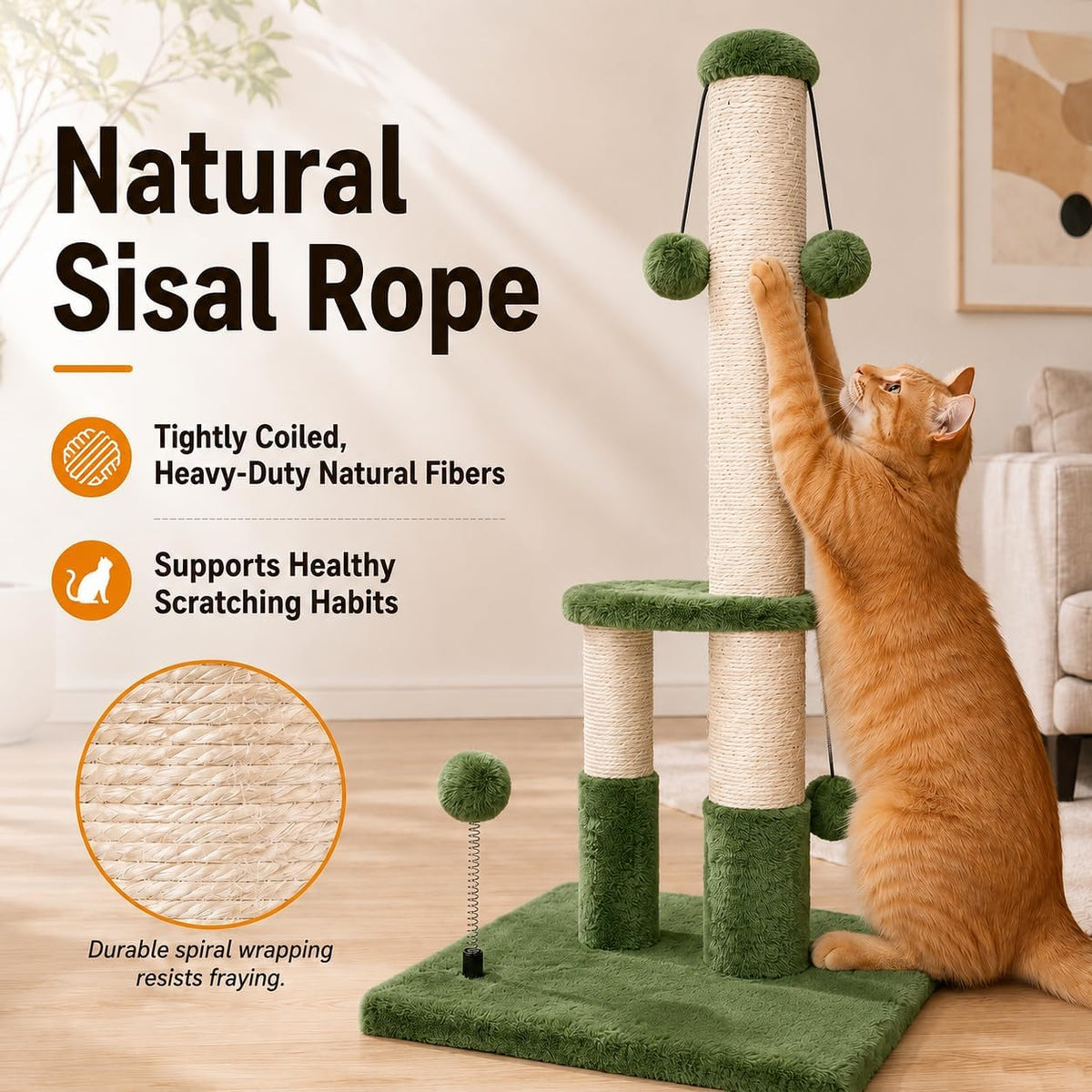 Dimaka Tall Cat Scratching Post, Double Lower Posts Extra Stable Cat Post Tree Scratcher with Sisal Rope and Teasing 4 Balls Total Large Base (Green)