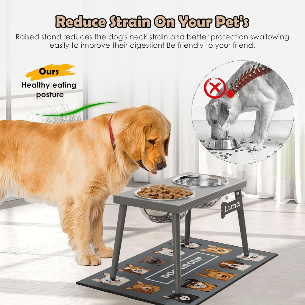 ADENGL Raised Dog Bowl Stand for Large Dogs, 10” Tall Elevated Feeder with Spill-Proof Mat, Stainless Steel 58OZ Bowls for Food & Water, Gray Color (Mat Size: 16x24”)