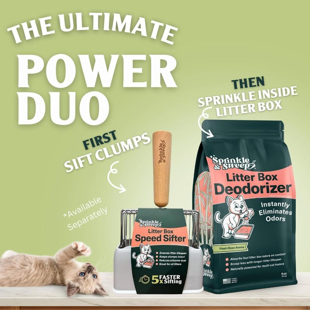 Sprinkle & Sweep: Litter Box Deodorizer Duo - 8oz Bag & Speed Sifter - Cat-Kitten Home Odor Neutralizer, Ultra-Absorbent Formula, Wood Handle Scooper