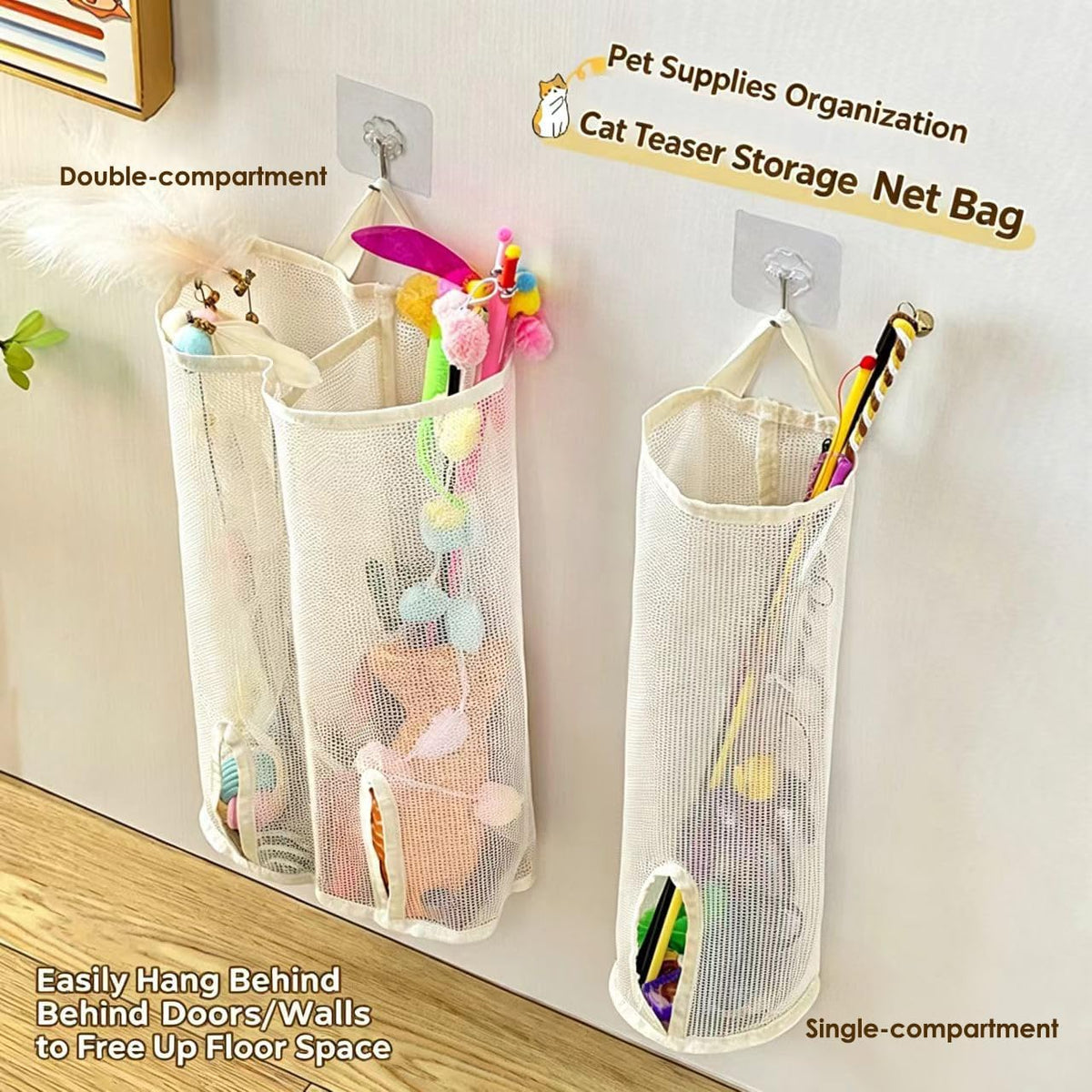 2 Pcs 15.16" Height Cat Wand Toy Organizer Storage Holder Bag, Not Suitable for Small Toys (w/ an Opening in the Bottom), Kitten Stick Toy Mesh for Cat Feather Toys Wall Hanging with Adhesive Hooks