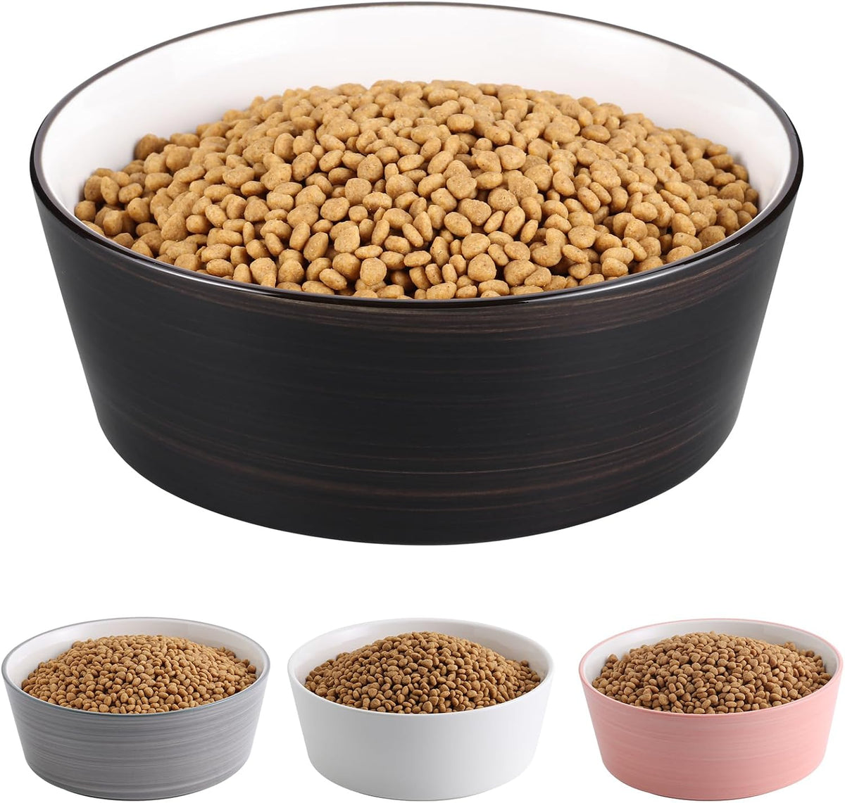 Black Dog Bowl Ceramic for Medium Large Breed, Heavy Weighted Dog Food Water Dish, 8 in Non - Slip Modern Cute Extra Big Porcelain Pet Bowl Maze Wide Mouth