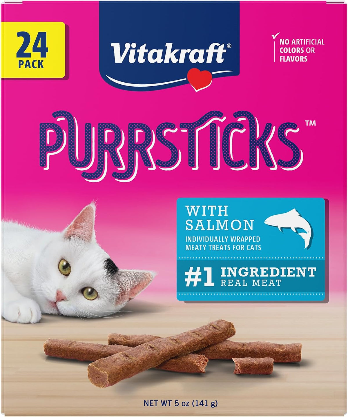 Vitakraft PurrSticks for Cats - Nutritious & Healthy Soft Cat Treats - Gently Oven Roasted Meat Sticks for Cats w/ 70% Meat - Easy-to-Serve Cat Chew Sticks (Salmon, 24 Pack)