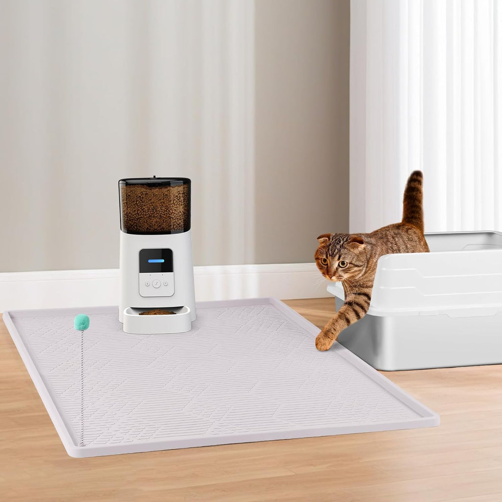Silicone Cat Litter Box Mat 38'' x 25'' Cat Mat with Toy, White