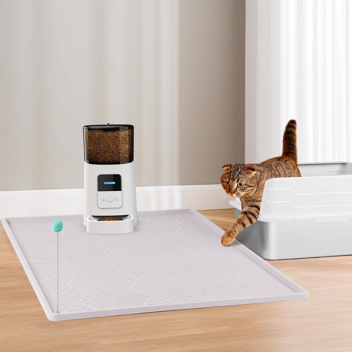 Silicone Cat Litter Box Mat 38'' x 25'' Cat Mat with Toy, White