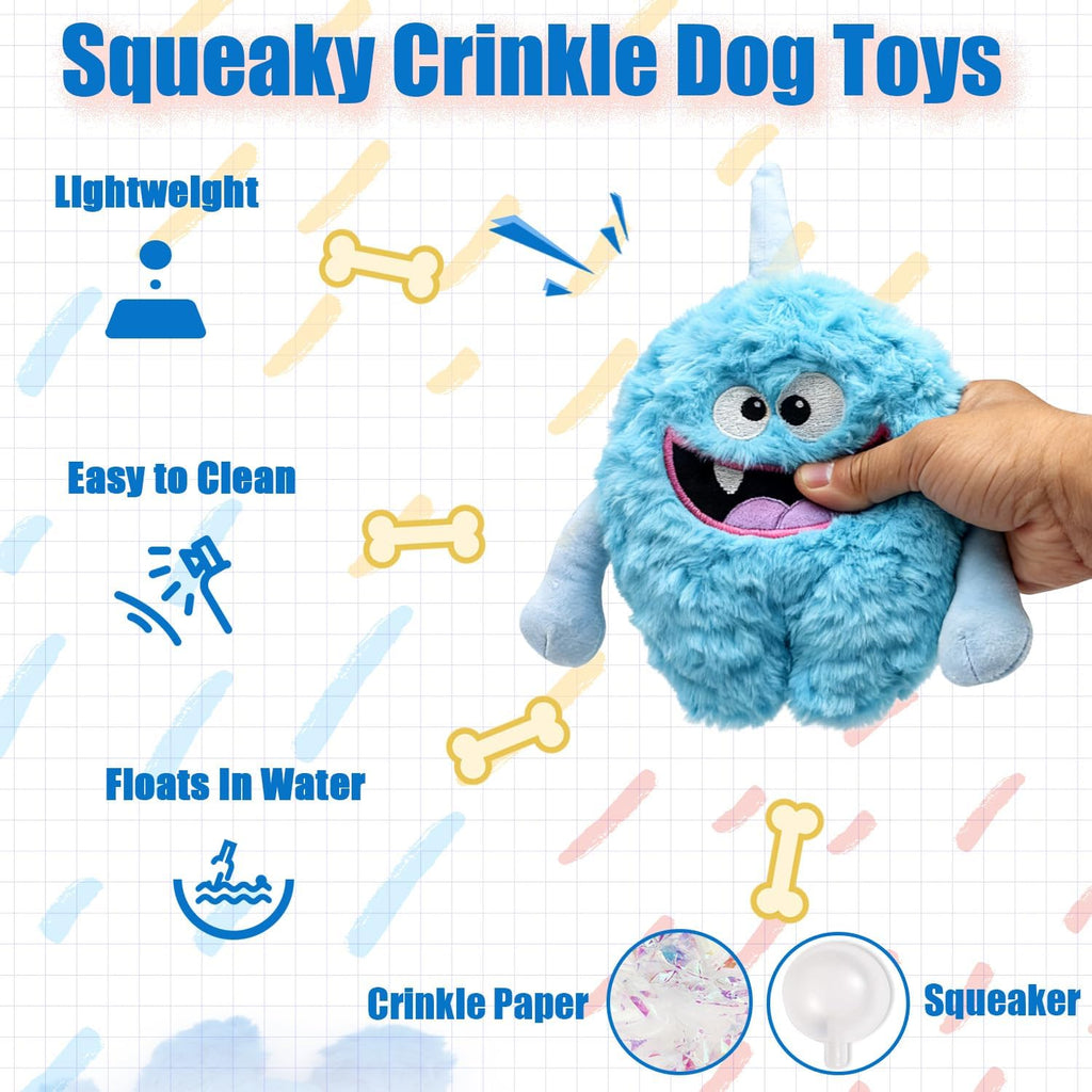 Monster Stuffed Squeaky Dog Toy, Crinkle Dog Plush Toy, Light Blue | Soft Lightweight Toy for Fetch and Chew, Interactive Outdoor Indoor Play for Tug, Birthday Gift, For Puppy Small Medium Dog