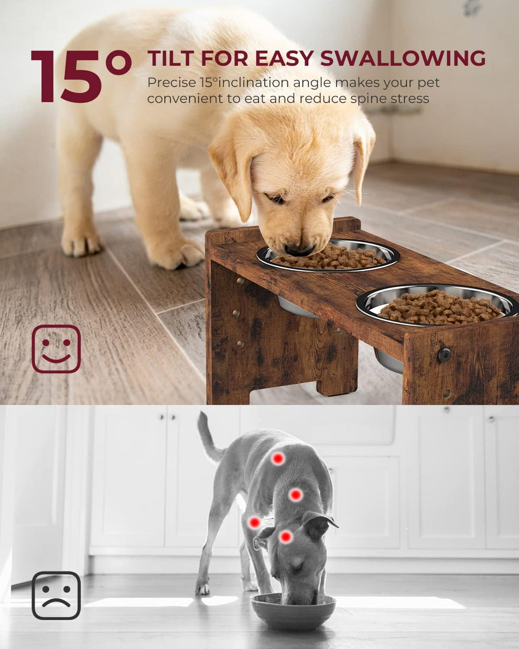 Elevated Dog Bowls, Raised Bowl Stand Adjustable Small, Rustic Brown | Particle Board Raised Feeder with 2 Stainless Steel Bowls, Adjustable Height for Small Puppies and Cats