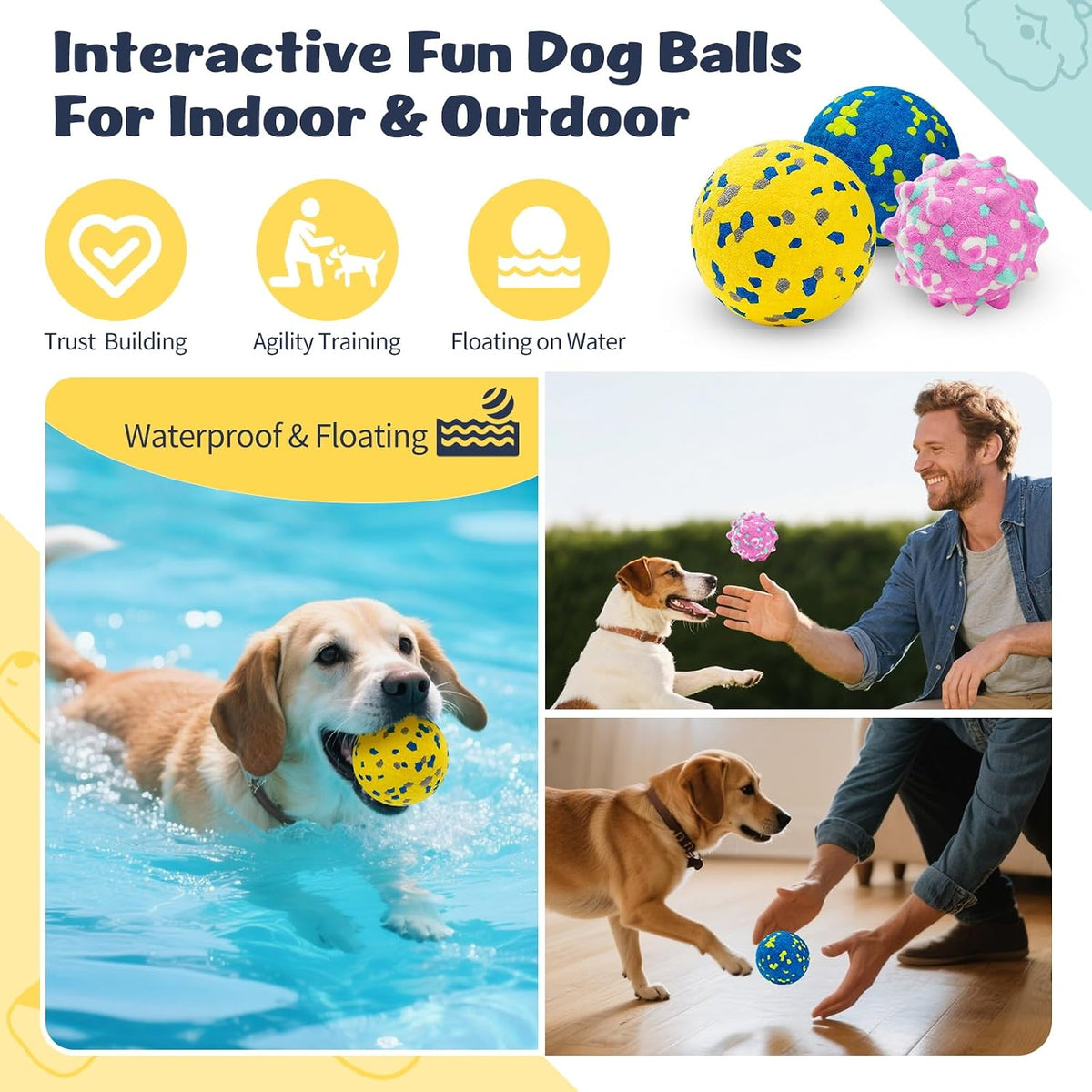 HIPPIH Dog Balls Tennis Balls, Dog Chew Toys for Aggressive Chewers ETPU | 3PCS Interactive Puppy Toys for Teething, 3'' Fetch Ball Water Toy for Small/Medium Breed,High Bouncy & Floating Dog Pool Toy