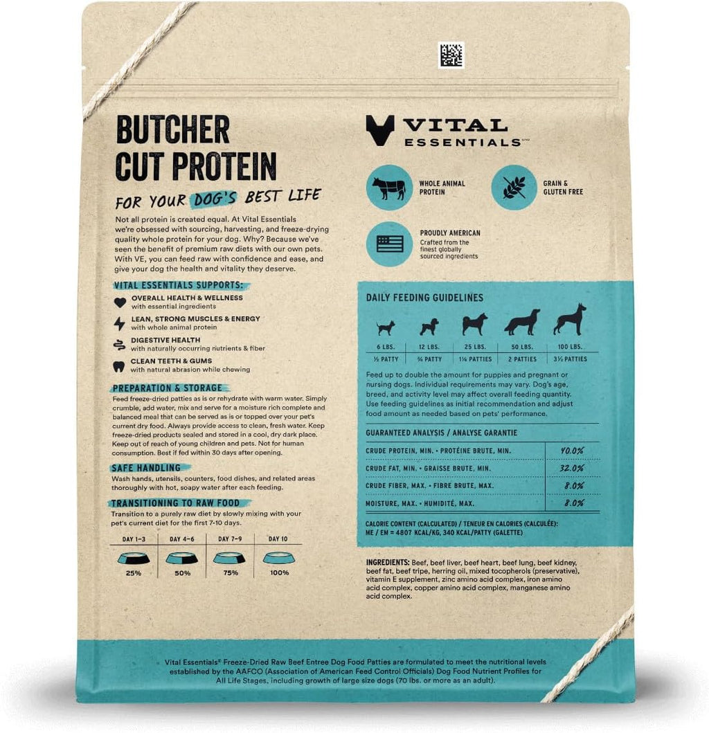 Vital Essentials Freeze Dried Dog Food, Beef Patties, 30 oz Bag