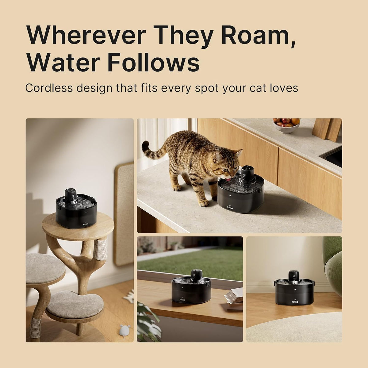 Cordless Cat Water Fountain, Battery Operated, Black, 78oz/2.3L