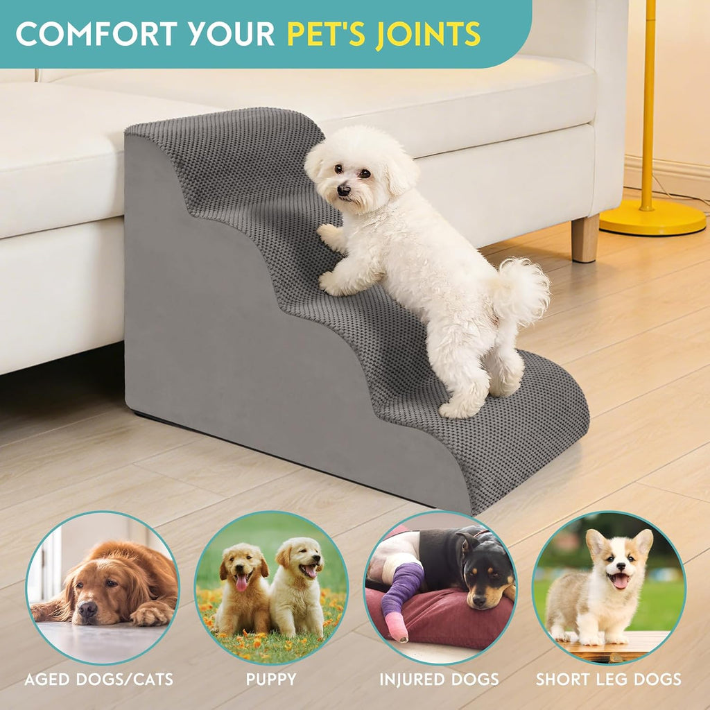 Dog Stairs for Small Dogs, 19.7" H Pet Stairs 4-Steps Ramp for Puppy, Older Cat, Stairs with Whole 30D High Density Foam, Corduroy Fabric, Non-Slip Bottom Dog Steps for Bed and Couch (Grey, 4-Step)