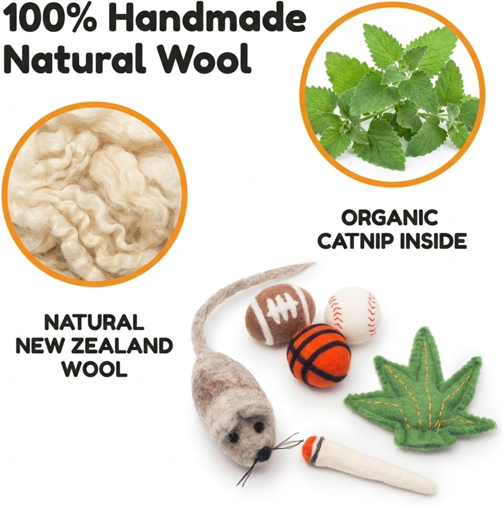 Glaciart One Felt Cat Toys Set (6pc) - Handmade Wool Catnip Toys for Indoor Cats, Natural Wool Balls, Mouse & Joint Toys, Durable Cat Enrichment Toys for Exercise & Play