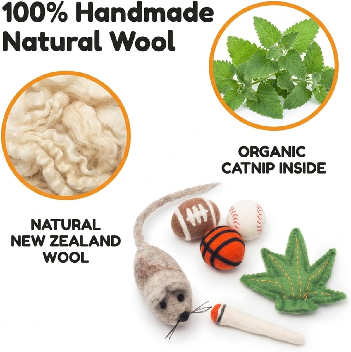 Glaciart One Felt Cat Toys Set (6pc) - Handmade Wool Catnip Toys for Indoor Cats, Natural Wool Balls, Mouse & Joint Toys, Durable Cat Enrichment Toys for Exercise & Play