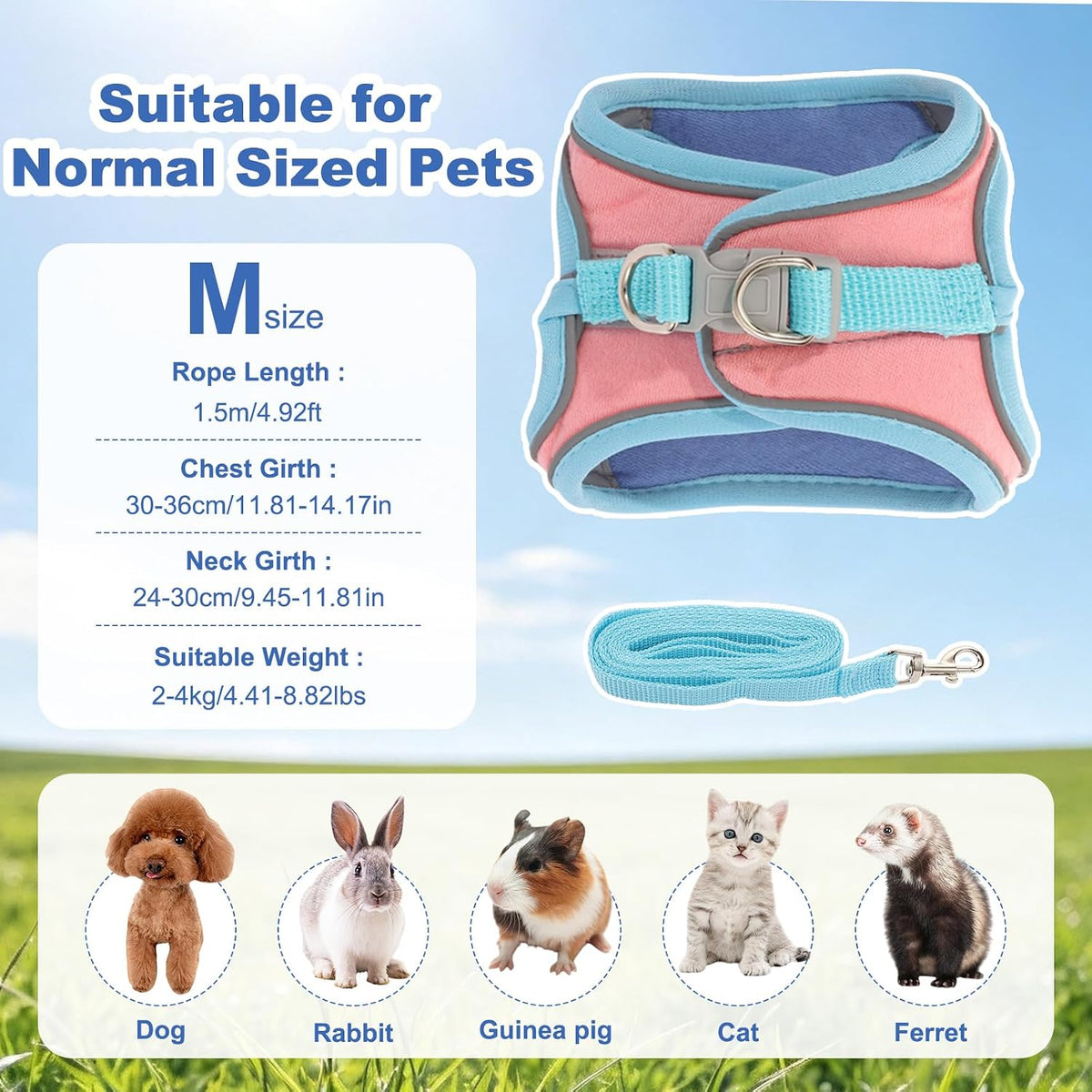 Bunny Harness and Leash Set Double Buckle | Soft Rabbit Harnesses with Carrot | Adjustable Reflective Strips Jacket Escape-Proof Vest for Puppy Guinea Pigs Pet Ferret Walking(Blue-Pink-M)
