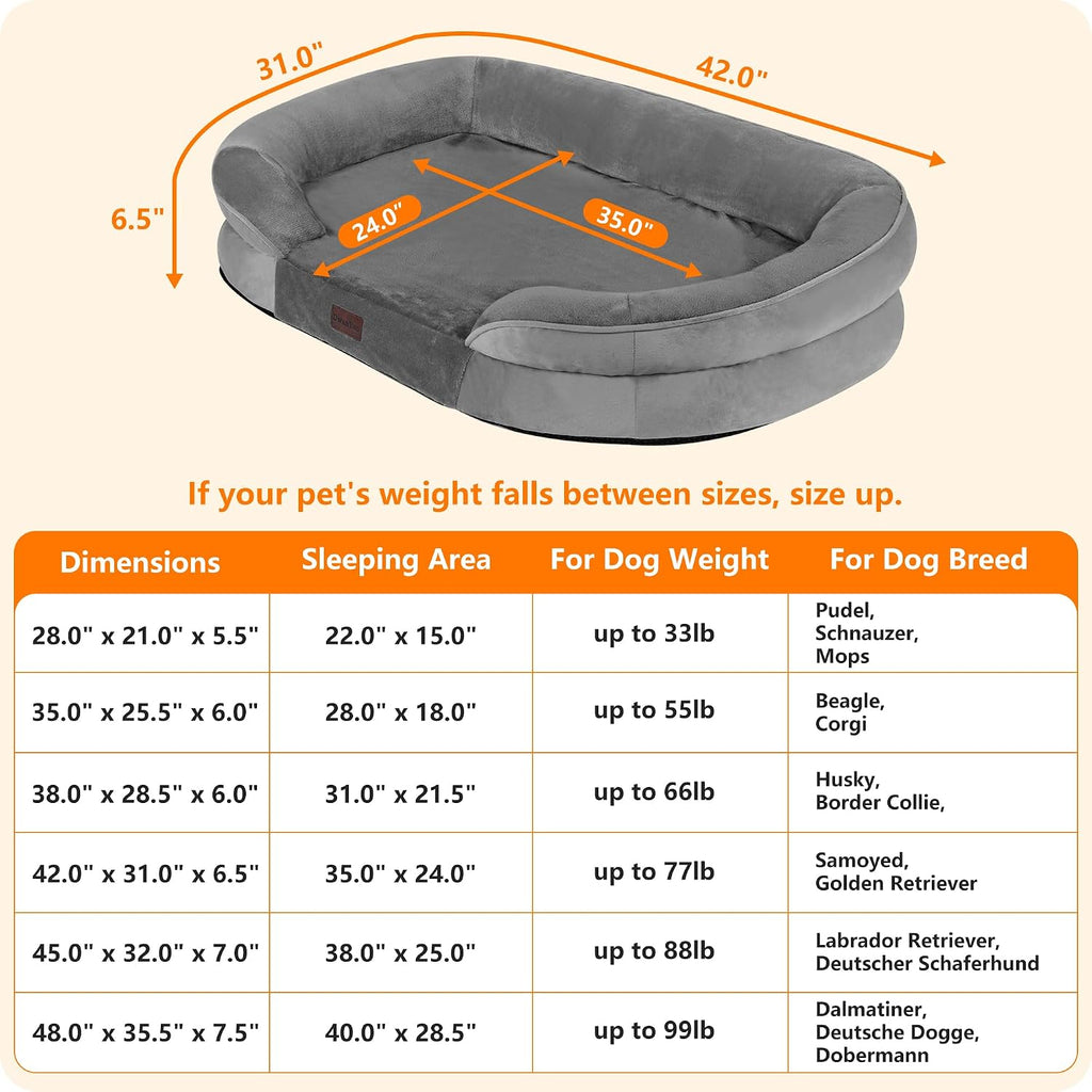 Dwanton Orthopedic Waterproof Large Dog Bed Sofa, Gel Memory Foam, 42"