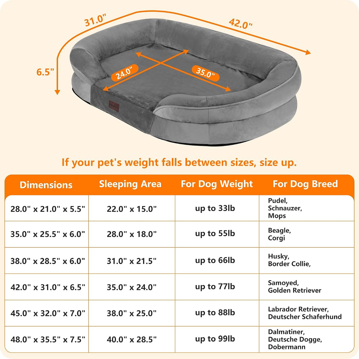 Dwanton Orthopedic Waterproof Large Dog Bed Sofa, Gel Memory Foam, 42"