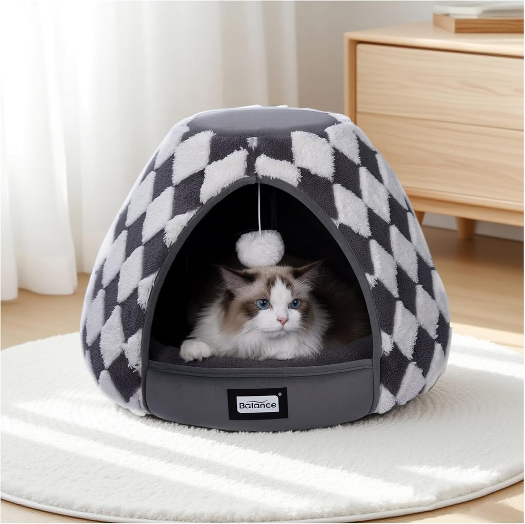 BALANCE Cat Beds for Indoor Cats, 2-in-1 Cat Bed Cave with Anti-Slip Bottom and Ultra-Soft Plush, Cozy Cats House Tent for Kittens and Small Dogs, 21 Inches, Dark Grey