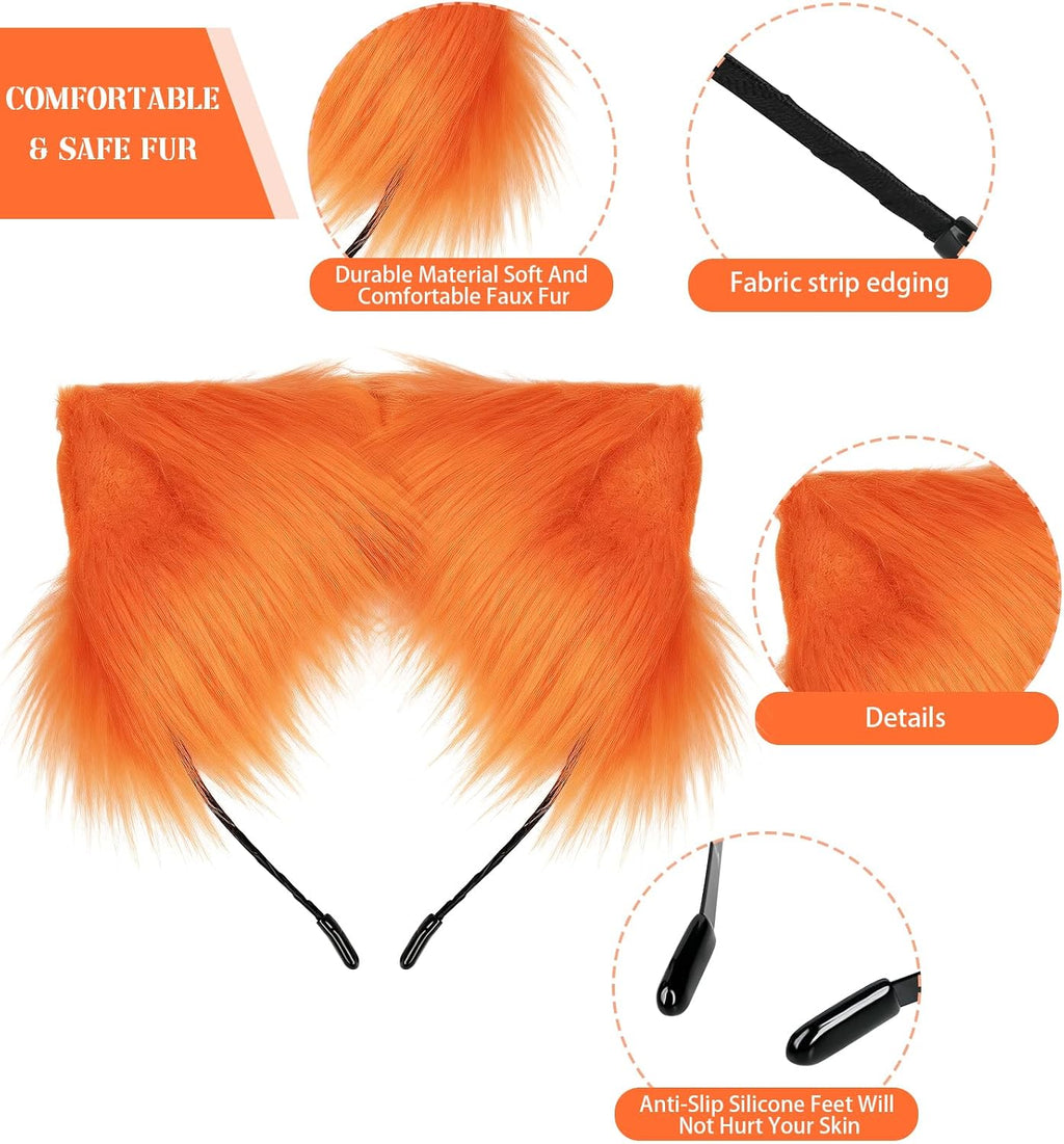 Cat Ears and Tail,Wolf Fox Ears Long Tail and Bell Lace Choker Set for Halloween,Animal Cosplay Party Costume