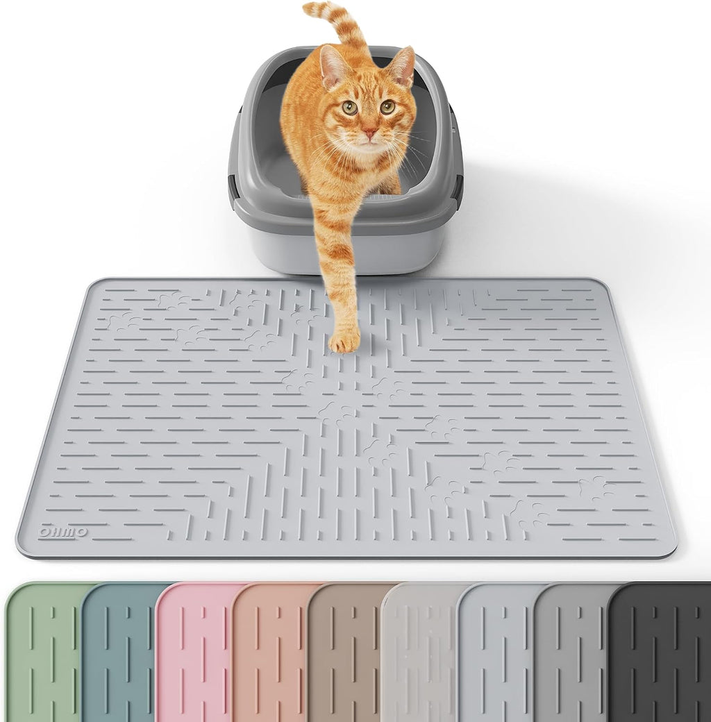 OHMO Cat Litter Mat, 23.5x16 Silicone Trapping Mat Ash Grey | for Kitty Litter Box, Easy Clean, BPA Free Rubber, Center Litter Collection, Easy Pour-Back, Waterproof, Odor-Resistant