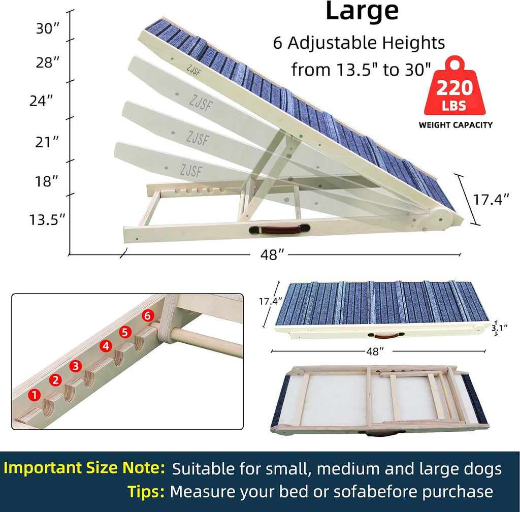 ZJSF Foldable Dog Ramp for High Bed, Wooden Dog Stairs to Bed for Small and Large Dogs, High Traction Platform with 6 Adjustable Heights (13.5"-30"), 48" L, Supports up to 220 lbs