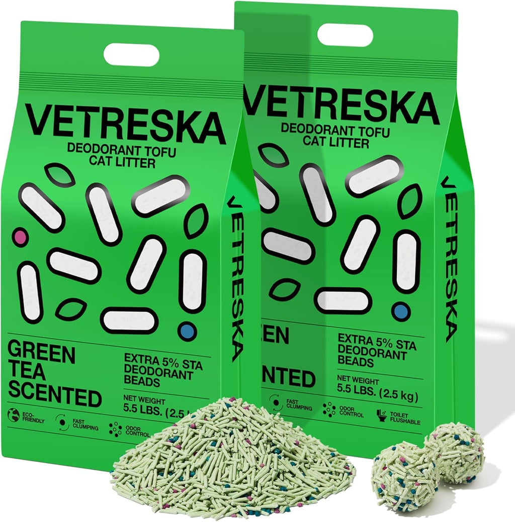 VETRESKA Tofu Cat Litter, Odor Control, Greentea 5.5lb×2bags