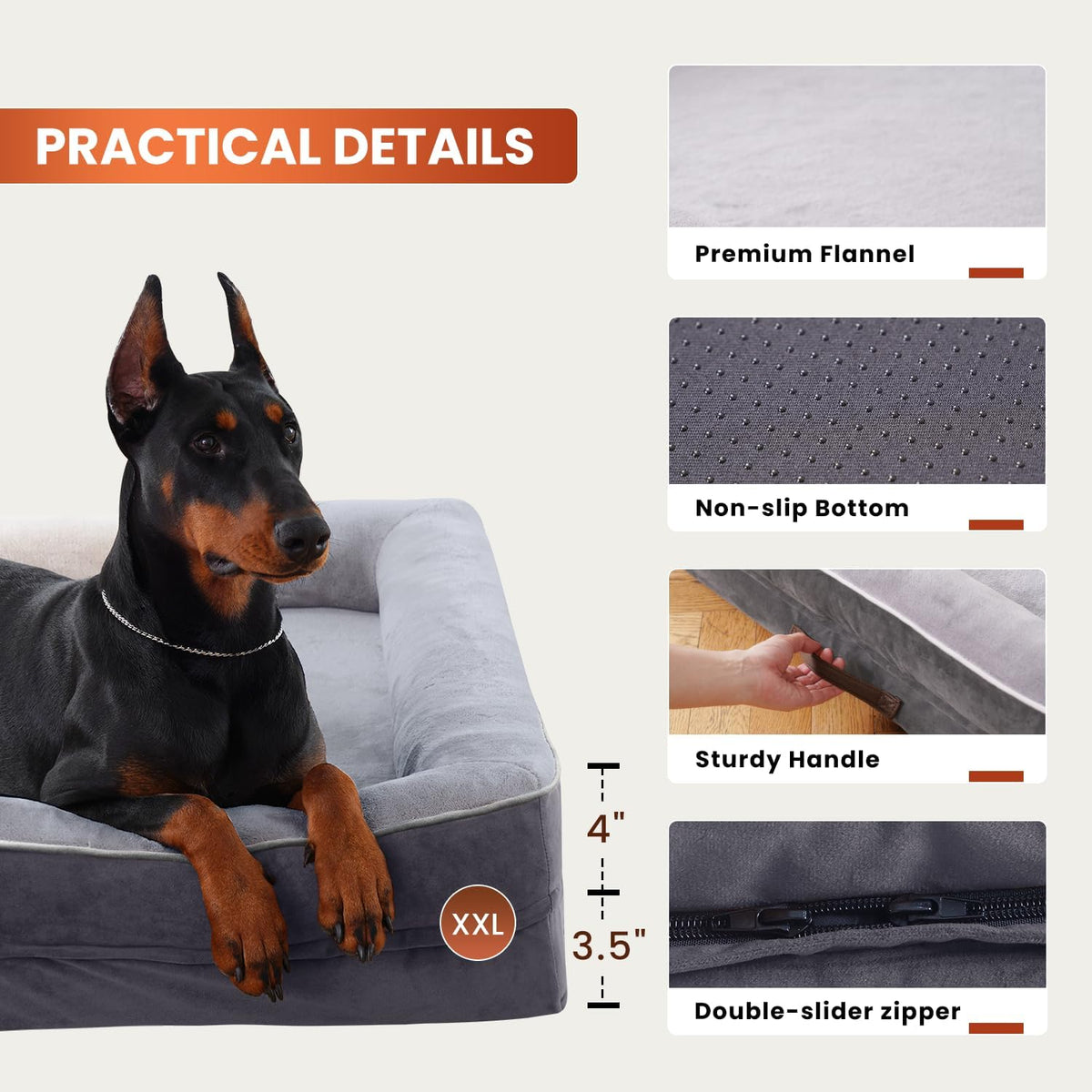 Upvilla Orthopedic Dog Bed XXL, Four-Sided Dog Sofa, Washable Cover, Gray