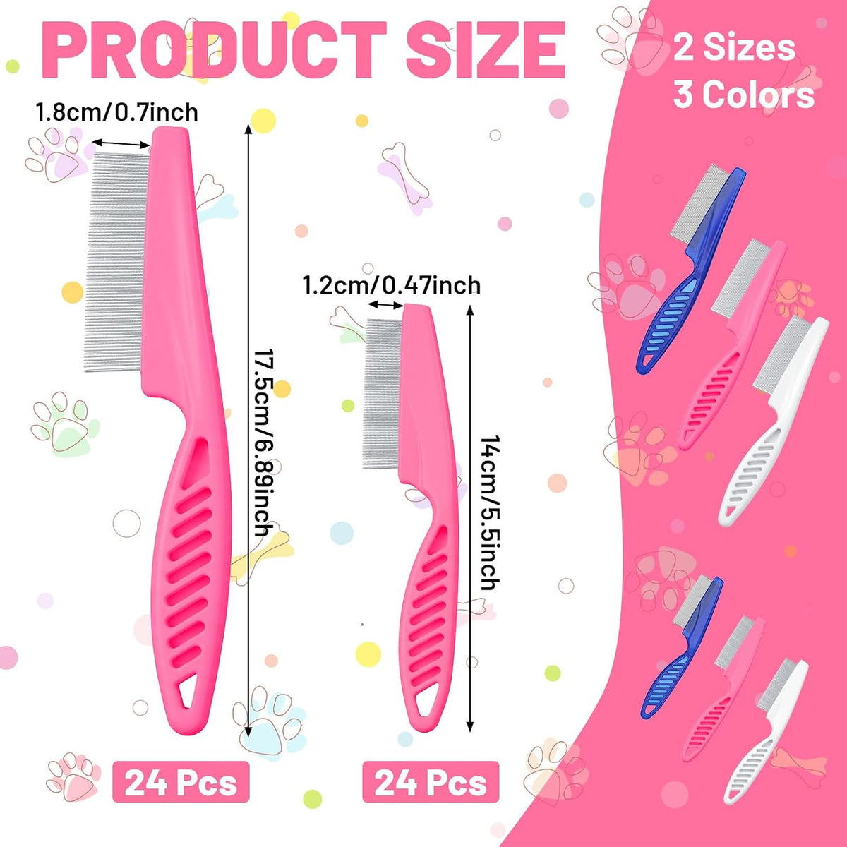 48 Pcs Dog Flea Comb Set for Dogs and Cats, Flea Combs for Cats with Stainless Steel Teeth, 2 Sizes in Pink, Blue, White, Grooming Tool for Pet Hair Detangling