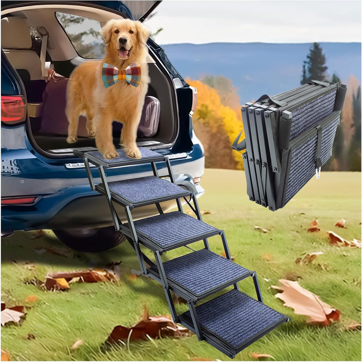 Dog Ramp for Car Truck and SUV Dog Stairs for Large Dogs Folding Pet Stairs with Non-Slip Rug Surface Supports Up to 250 lbs (5 Steps)