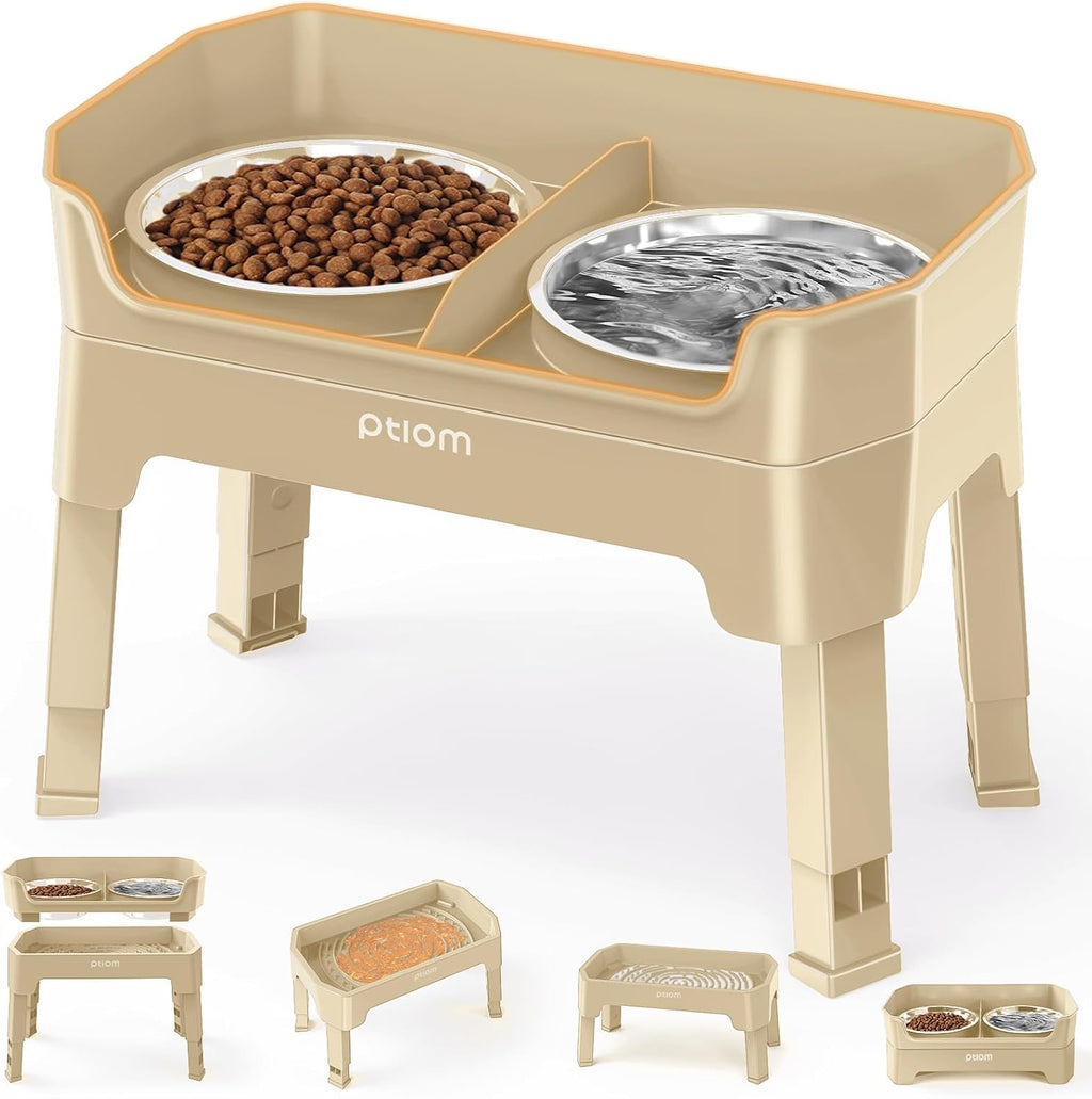 3-in-1 Elevated Dog Bowls Mess Proof Raised Slow Feeder Dog Bowls, 4 Height Adjustable Dog Bowl Stand Licking Plate with 2 56oz Stainless Steel Dog Food Bowls for Small Medium Dogs, Beige