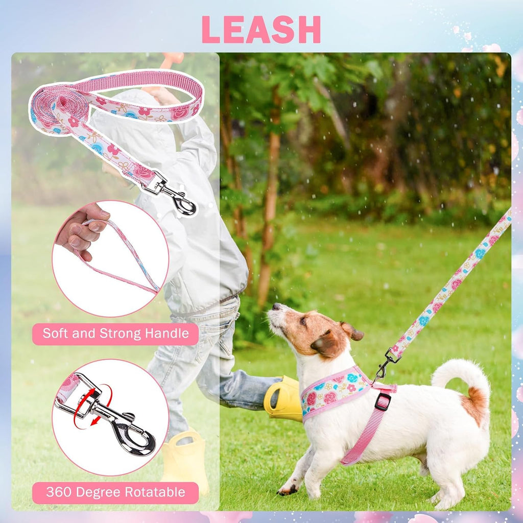 SCENEREAL Small Dog Harness and Leash Set, Flowers Pink, XS