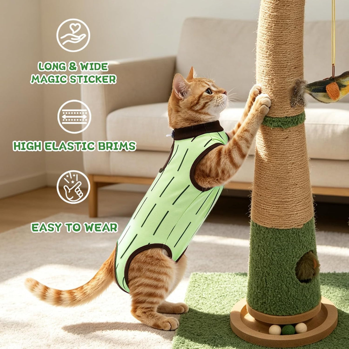 Cat Recovery Suit Female, Kittens Onesie for Cats After Surgery, Green, S