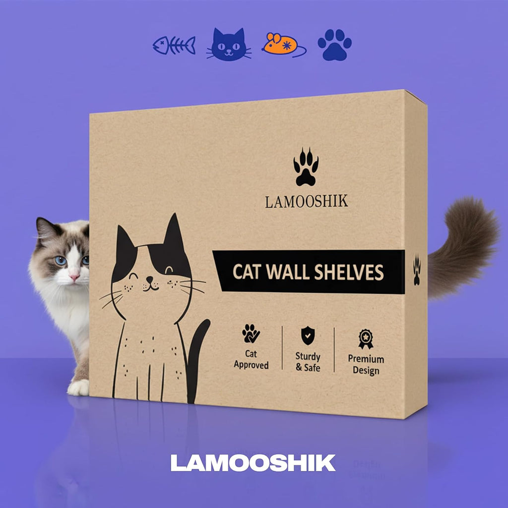 Cat Wall Shelves, Walnut Floating Cat Furniture with Bed & Steps