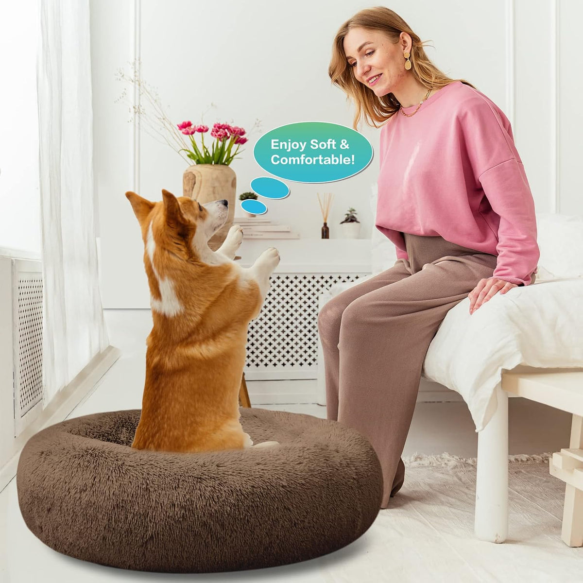 SAVFOX 30 inches Calming Donut Dog Bed - 3X Durable Plush Faux Fur, Machine Washable & Non-Slip, Fits up to 45 lbs, Brown