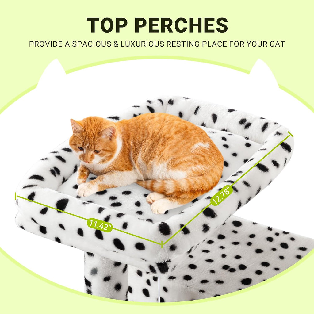 Allewie 64 Inches Cat Tree Tower/Multi-Level Activity Center for Indoor Big Felines/2 Plush Condos/2 Perchs/Basket/House/Sisal Scratching Posts/Hanging Cat Toys/White & Black Spot