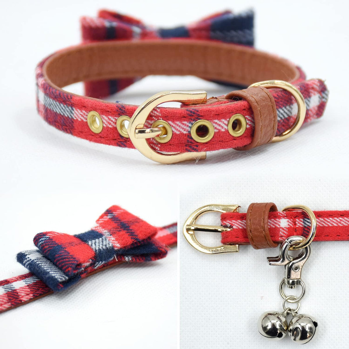3PCS Bow Tie Dog Collar and Leash Set Plaid/Camo/Dots/Flower Dog Bandanas with Bell 3 Size Adjustable for Small Dogs Puppies and Cats (XS, Red Plaid 3)