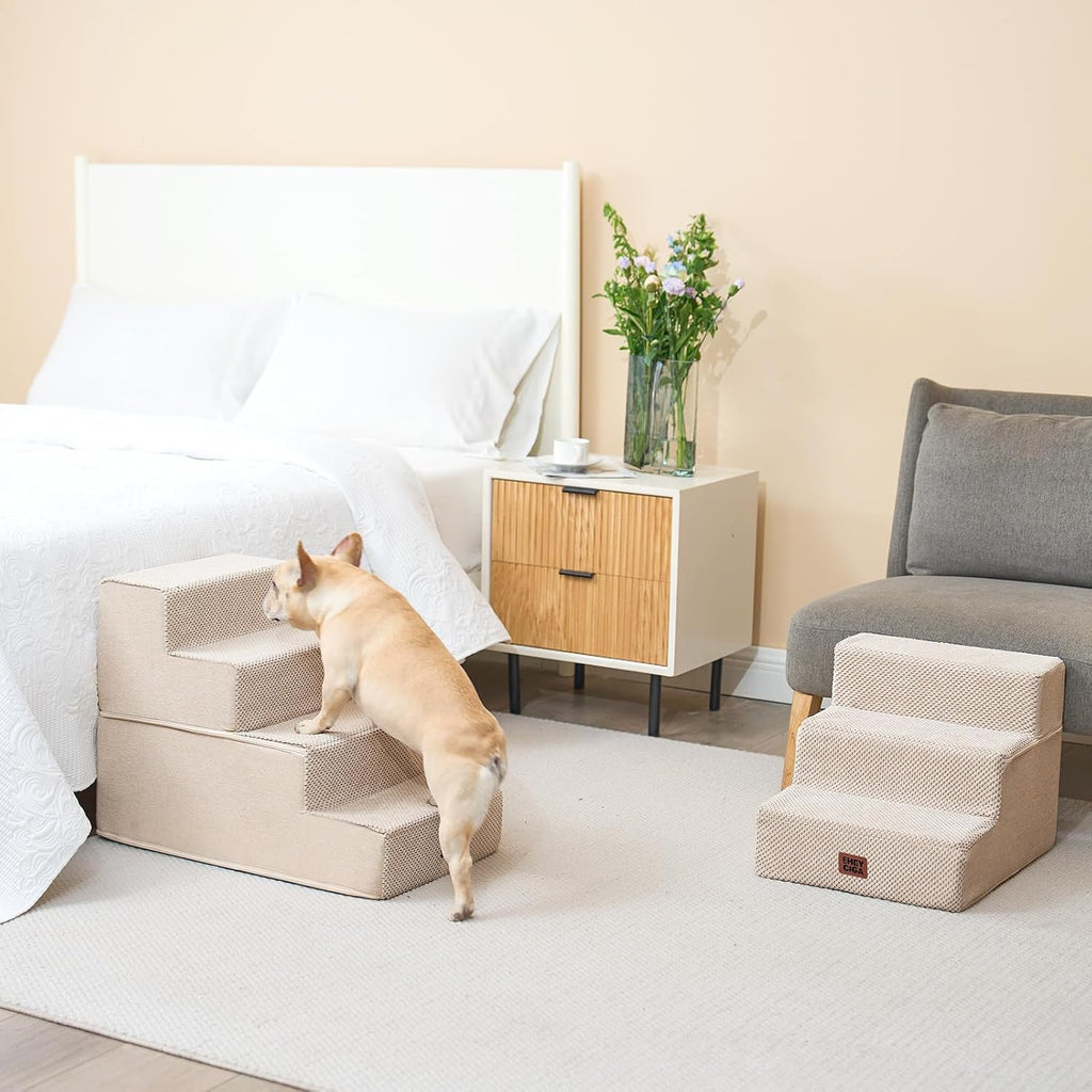 EHEYCIGA Dog Stairs for Bed 18" H, 4-Step Dog Steps for High Bed, Beige