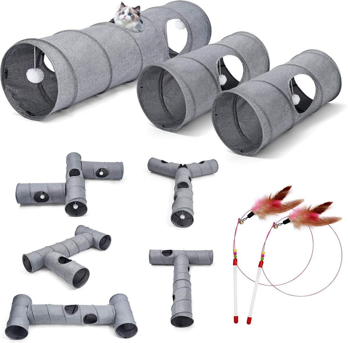 Cat Tunnel, 3 Straight Shaped Tunnels 6 DIY Shapes with Wand Toys, No Noise Scratch Resistant Cool Linen Fabric, Interactive Pet Tunnel Tube for Indoor Cats, Puppy and Rabbits