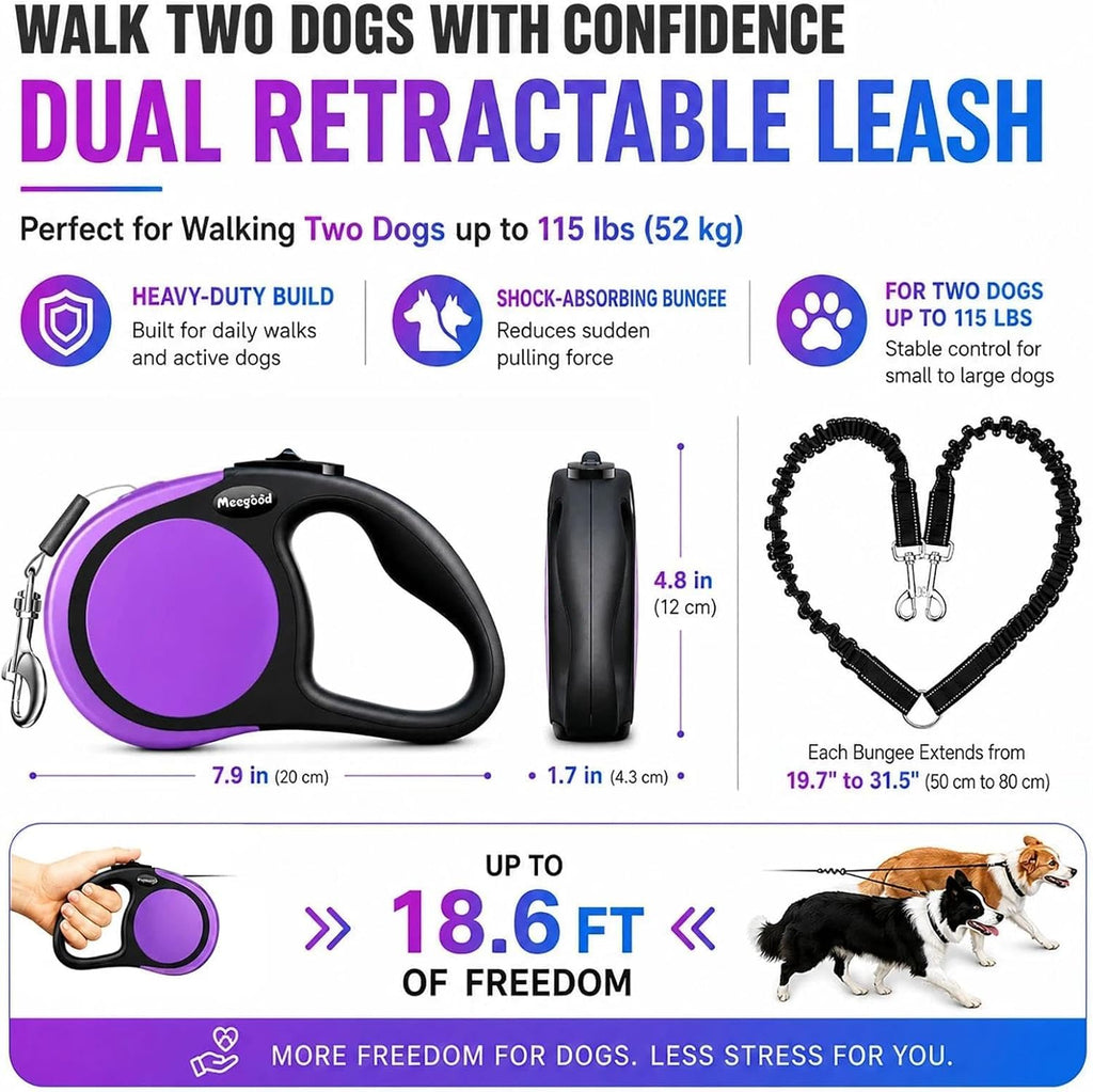 Double Retractable Dog Leash for Two Dogs Up to 115 lbs - 18.6 ft Coupler Leashes for Small Medium Dogs - One Locked System, Non Slip Grip, Tangle Free