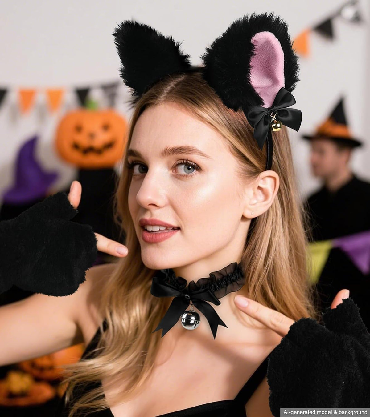 Cat Ears and Tail,Wolf Fox Ears Long Tail and Bell Lace Choker Set for Halloween,Animal Cosplay Party Costume