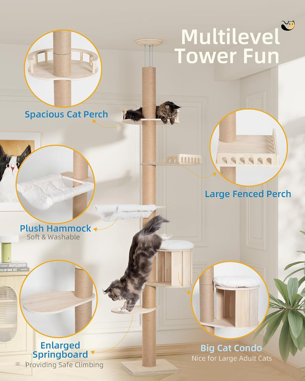Aechonow 10.2ft Floor to Ceiling Cat Tree for Large Cats, Tall Cat Tower