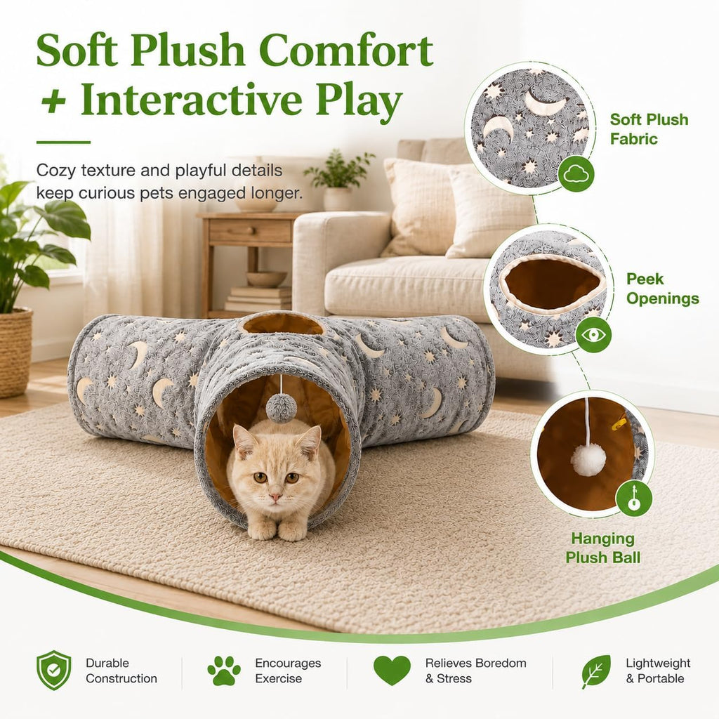 Cat Tube Tunnel with Plush Ball Toys Collapsible Self-Luminous, for Cat Small Pets Bunny Rabbits, Kittens, Ferrets,Puppy and Dogs Grey Moon Star 3 Way