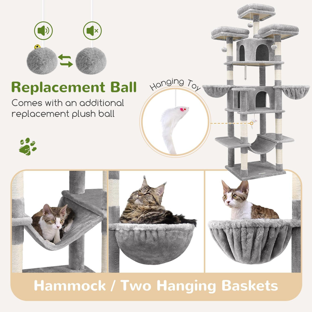 Globlazer Big XXL Cat Tower for Indoor Multiple Cats, F80, Light Grey