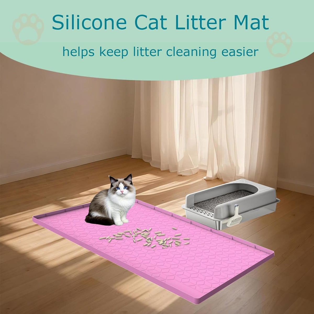 Cat Litter Mat, Silicone Large Cat Mat for Litter Box - 31x22 in, Waterproof & Non-Slip, Durable & Easy Clean, Pink