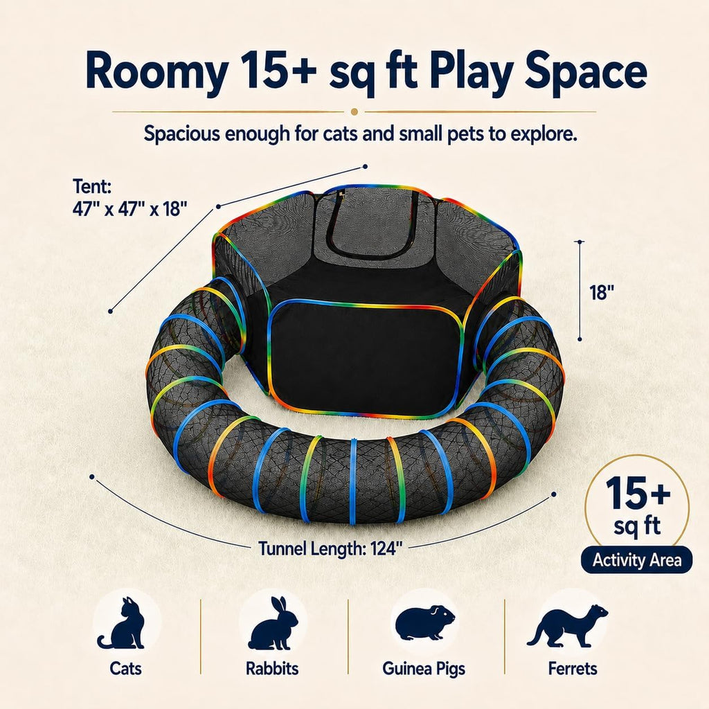 Portable Cat Enclosure - 2-in-1 Outdoor Catio with Tent & Tunnel, Foldable Playpen for Indoor Cats, Includes Storage Bag for Cats & Small Animals Rainbow Color