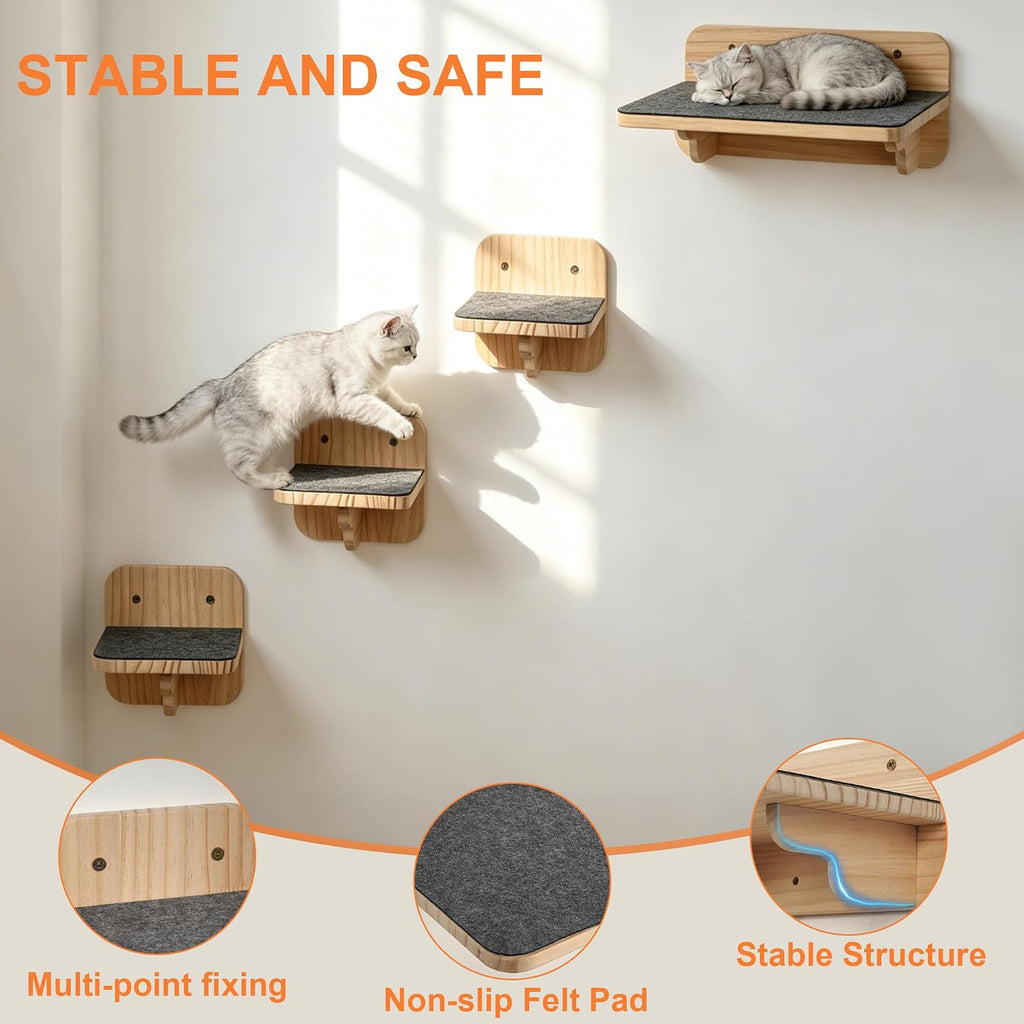 Cat Wall Shelves - Wood Cat Shelves for Wall with Scratching Mat, Floating Kitty Stairs & Steps for Climbing, Jumping and Napping